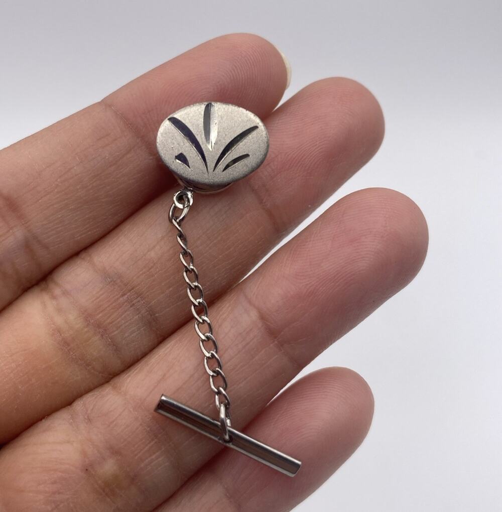 Simple Silver Tone Tie Tack Pin Carved floral Vintage Retro Mid Century Modern